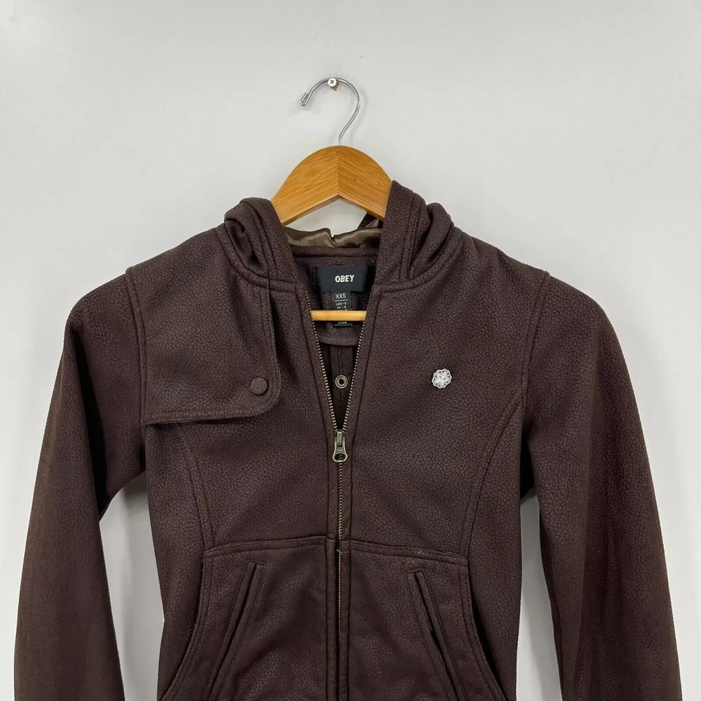 Obey Full Zip Hoodie Women's Size 2XS Brown Pockets Logo Faux Leather‎ Skate - Picture 2 of 10